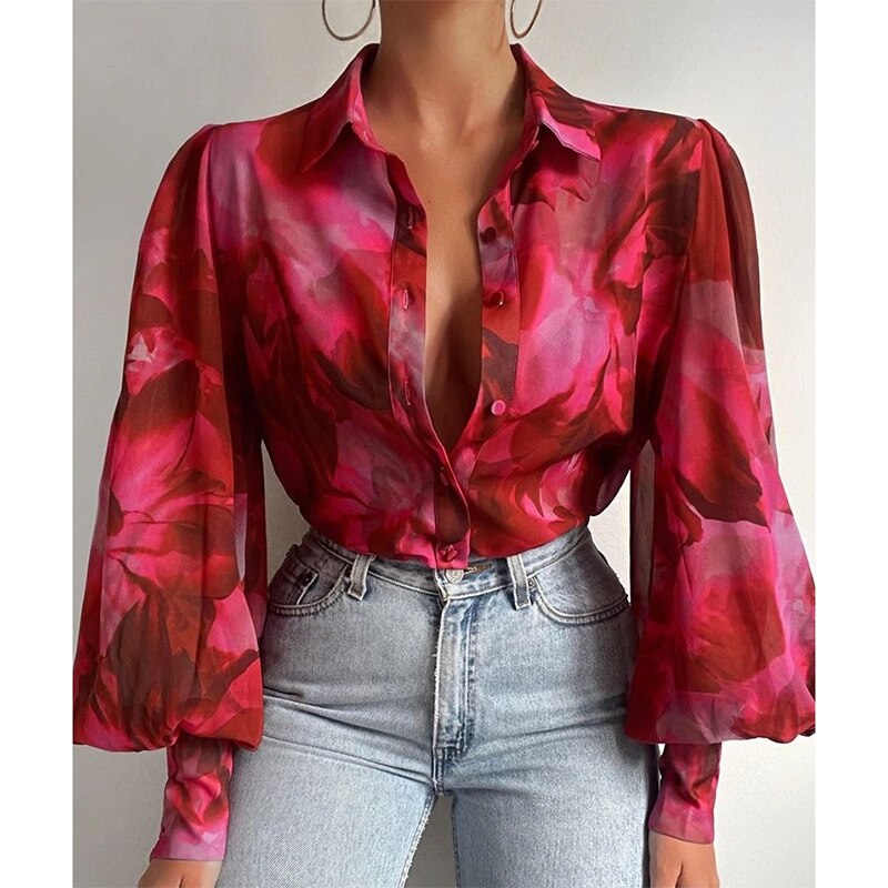 Print Ladies Lantern Sleeve Blouses Fashion Spring Office Lady Vintage Floral Shirt Tops Button Up Long Sleeve Shirts voguable