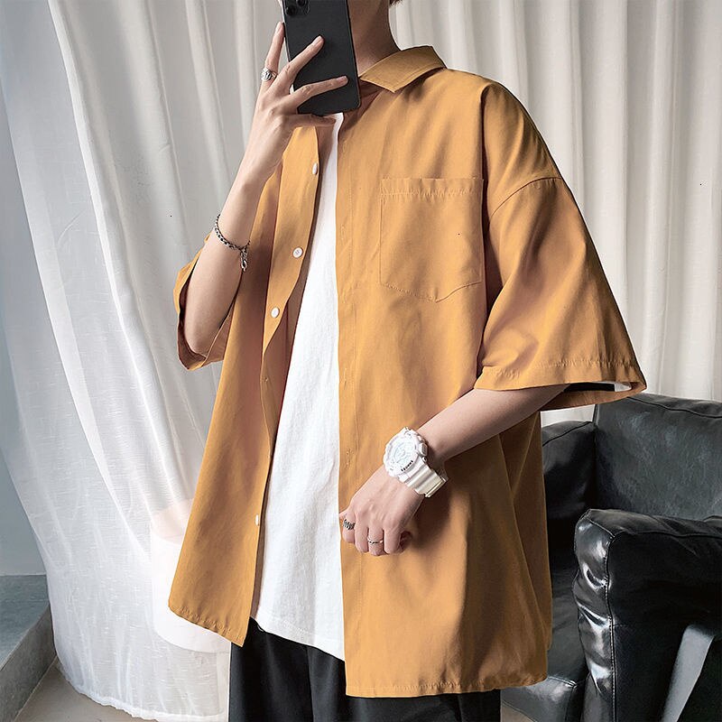 Oversize Solid Color Men Shirt Short Sleeve Pockets Summer Blouses Classic Tops Fashion Korean Clothing Male Cardigan voguable