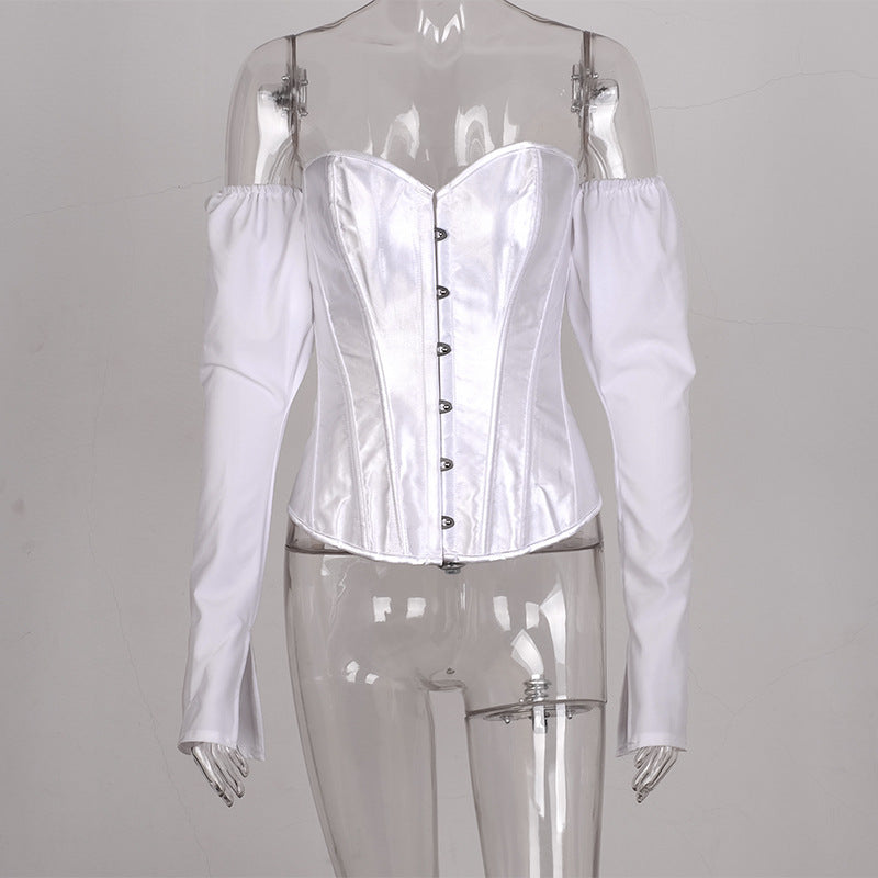 Voguable  Y2k Corset and Bustier Steel Bone Underbust Shaper T Shirts Spring Women Off Shoulder Corset T-Shirt Body Shaping Waist Outfits voguable