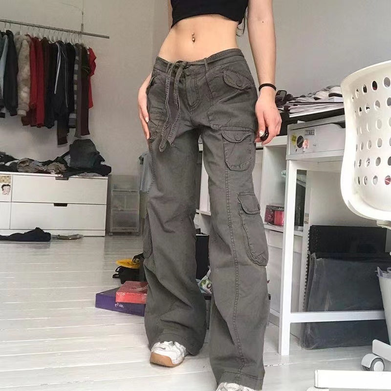 Voguable  Fashion American Trousers High Street Retro Gray Cargo Pants  Woman Sexy Low Waist Baggy Pants Casual Trousers Streetwear voguable