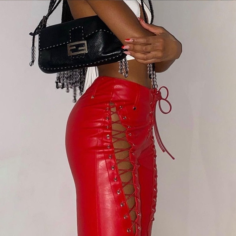 Women's Lace Up PU Leather Pants Chic High Waist Hollow Out Sexy Y2K Drawstring Bandage Cut Out Gothic Faux Leather Trousers voguable
