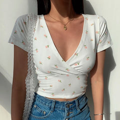 Y2K Vintage Floral Cross Crop Top T-shirt Women Cropped Slim Short Sleeve V-neck Sexy Summer Clothes Tee Shirt Femme Woman Tops voguable