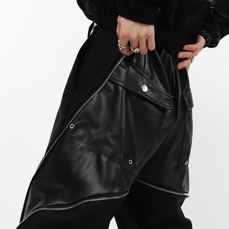 Niche PU Leather Design Zipper Men Pants Vertical Straight Trousers Contrast Color Winter High Street Male Darkwear voguable