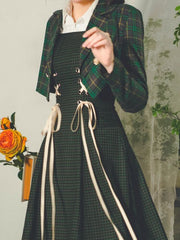 Retro Preppy Strapped Plaid Blazer Jacket + Suspender Dress Spring Autumn 2pcs Suit Vintage Dark Green Palace Style Set voguable