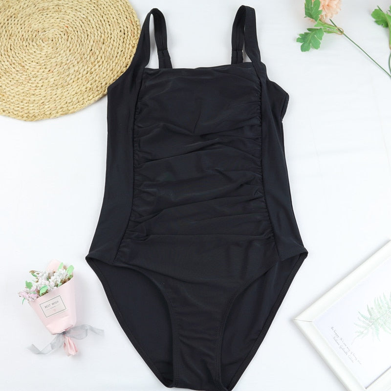 2022 One Piece Swimsuit Women Tummy Control Swimwear Plus Size Bathing Suit Ruched Monokini Vintage Solid Summer Beachwear 2XL voguable