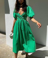 Voguable  V Neck Waist Cut Out Elastic Cotton Green Dress Lantern Sleeve Backless Maxi Summer Dress Elegant Ladies Long Sundress voguable