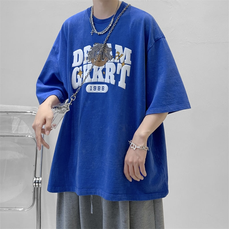 Korean Style Retro Washed Batik T Shirts Unisex Baggy Short Sleeved Harajuku Solid Cotton Breathability Printing Tees Casual Top voguable