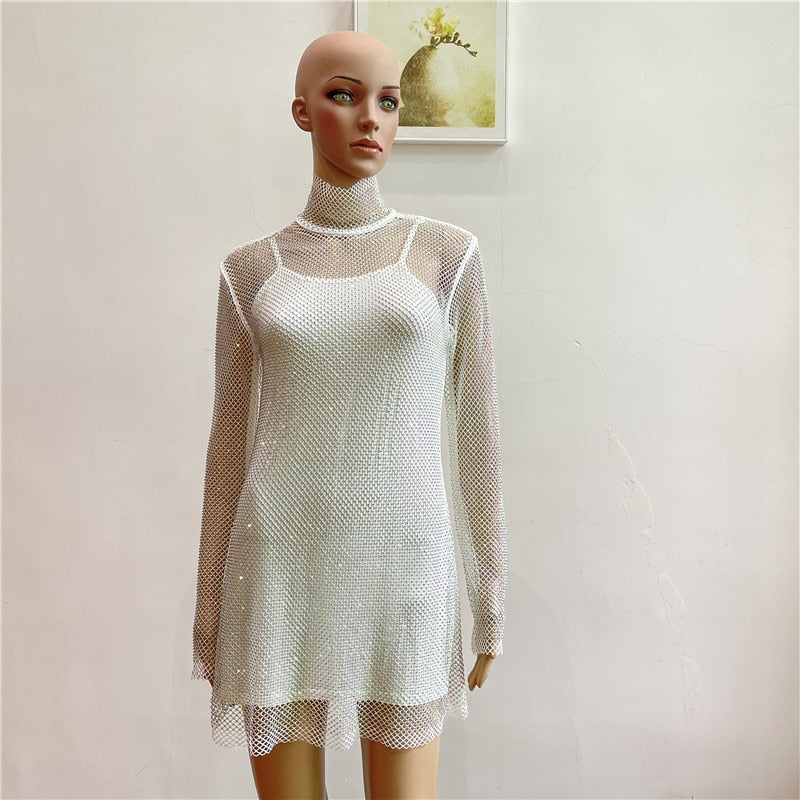 Shiny Diamonds Beading Dress lady Mesh Temperament Slim Turtleneck Long-Sleeved Sexy Party Club Mini Dress Vestido Mujer Jurken voguable