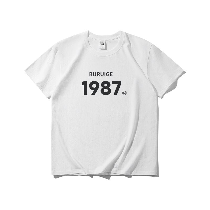 Summer Men's T-shirt Oversized Casual Male Top Tees Hip Hop Loose T Shirt Men 1987 Graphic Pure Cotton Men's Clothing voguable
