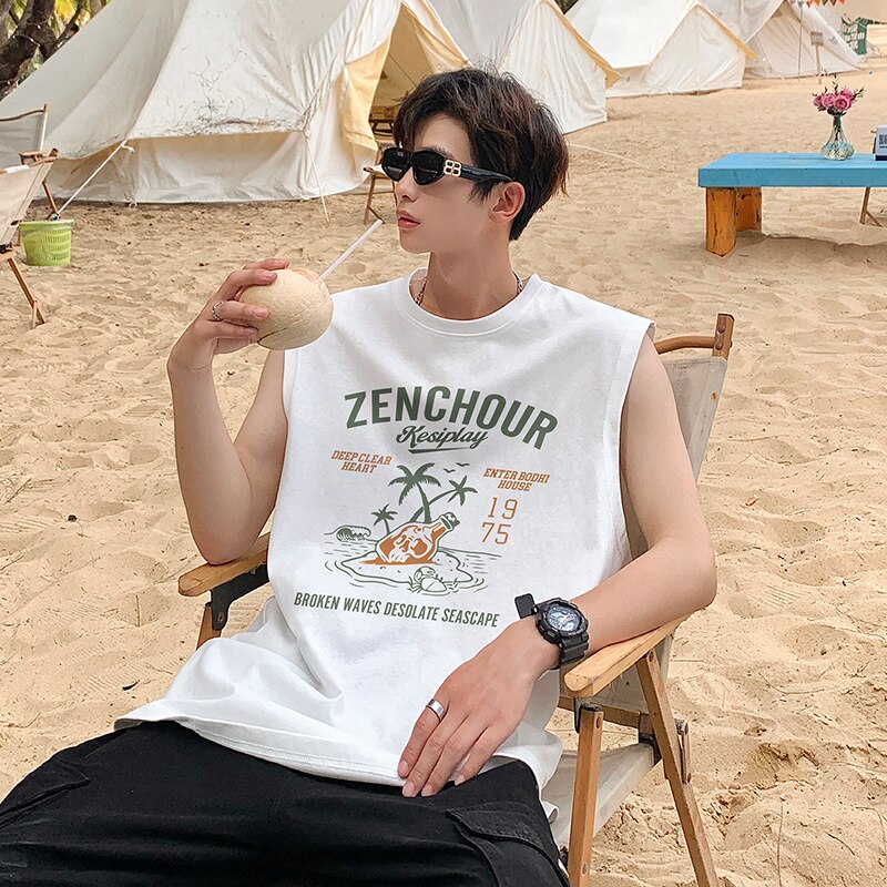 Sleeveless Tank Top Ins American Printed Men Loose T-shirt Beach Sports Casual Tops Male Summer New Cotton Round Neck Tees voguable