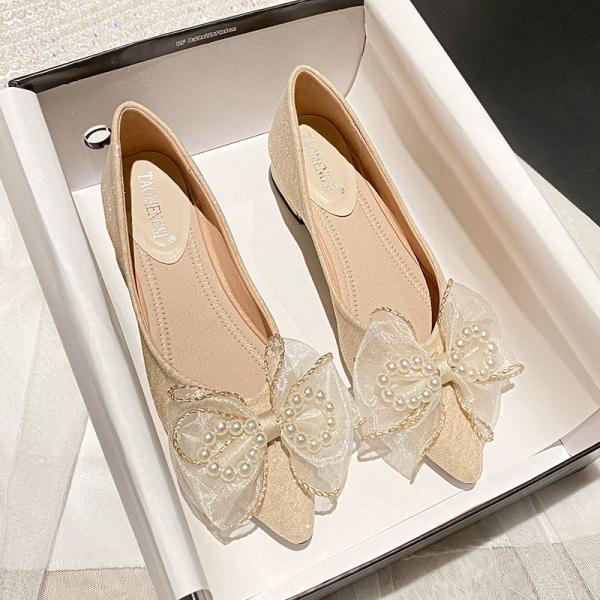 Low Heels Pearl Decorateion Shallow Mouth Shoes Casual Female Sneakers All-Match Round Toe Bow-Knot Large Size Women Flats Modis voguable