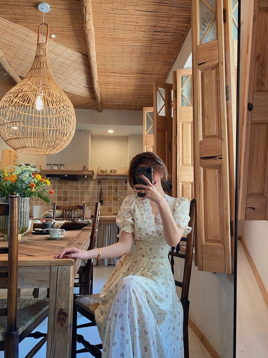 Vintage Floral Dress Women Elegant Lace Chiffon Korean Party Dress Puff Sleeve V Neck Midi Dress Fall Dresses for Women New voguable