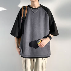 Summer New Baggy Short Sleeved Suede Men's T-shirt  Versatile Color Matching Casual Tshirt Tops Male Trend Y2k Tees voguable