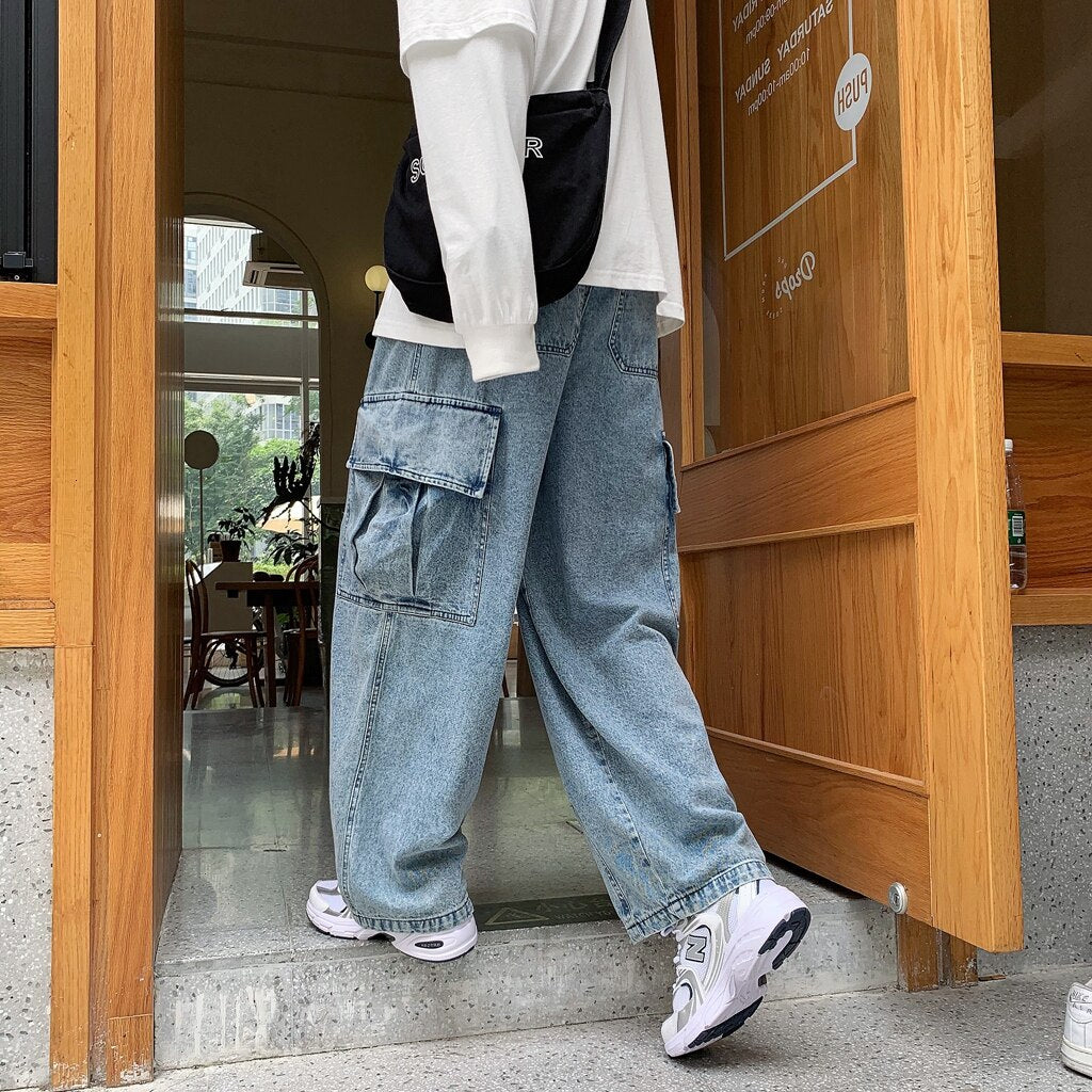 Baggy Jeans Men Big Pockets Solid Leisure Vintage Denim Hipster Korean Style Males Trousers Large Size S-3XL Teenagers All-match voguable