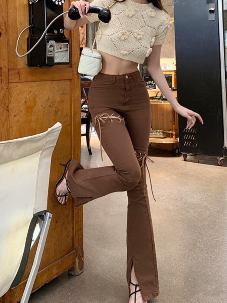 New Fashion Brown Patchwork Bandage Jeans Women Vintage Casual Split Wide Leg Pants Spring Autumn American Trousers voguable