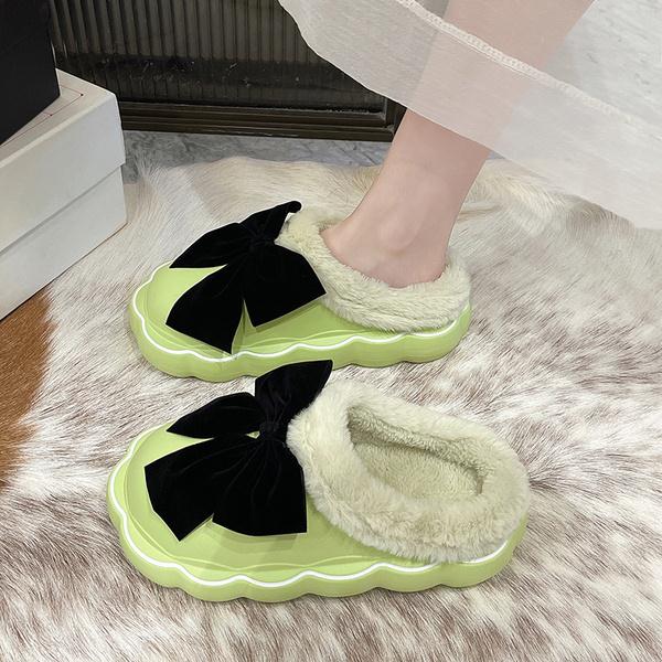 Med Fur Shoes Slippers Casual Slides Cover Toe Platform Slipers Women Butterfly-Knot Plush Luxury Flat Rome PU Fabric Fashi voguable