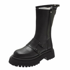 Women's Mid Calf Boots  Female Shoes Zipper Boots-Women Luxury Designer Round Toe Clogs Platform Ladies Autumn Med Rubber Leathe voguable
