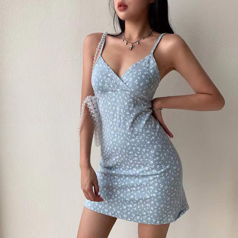 2022 Summer French Prairie Chic Retro Chiffon Floral Sheath Puff Sleeve Square Collar Drawstring Tie Slim High Waist Women Dress voguable