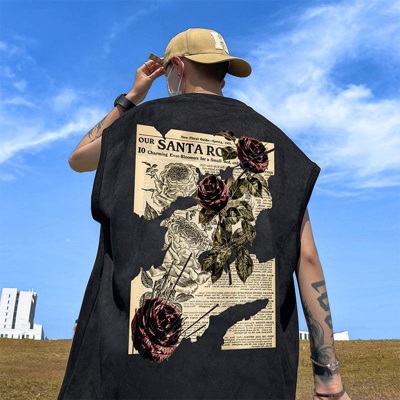 American Suede Loose Tank Tops Men Fashion Street Style Graphic Print Sleeveless T-shirt Summer Crew Neck Vest Brand Tees voguable