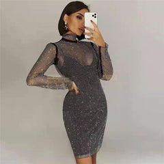 Shiny Diamonds Beading Dress lady Mesh Temperament Slim Turtleneck Long-Sleeved Sexy Party Club Mini Dress Vestido Mujer Jurken voguable