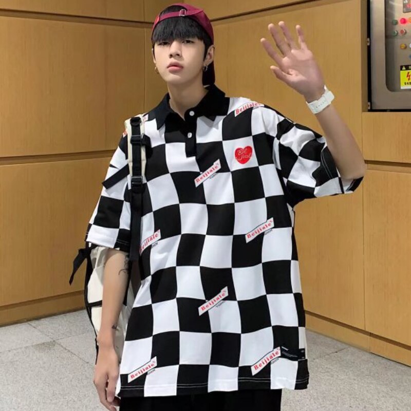 T-shirts Men Checkerboard Couple Clothes Harajuku Tops Preppy Turn Down Collar Baggy Fashion American Street Summer Vintage Chic voguable