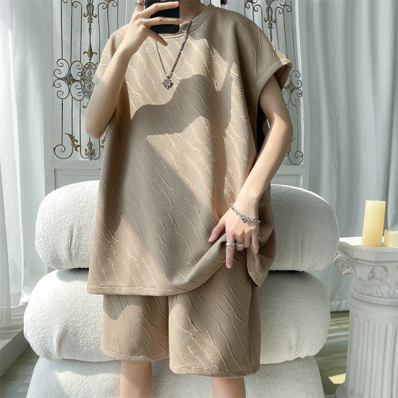 Summer Sets Men Fashion Short Sleeve T-shirt/Shorts Two Piece Men Korean Loose Pleated Sets Mens Short Sets Large Sizes M-5XL voguable
