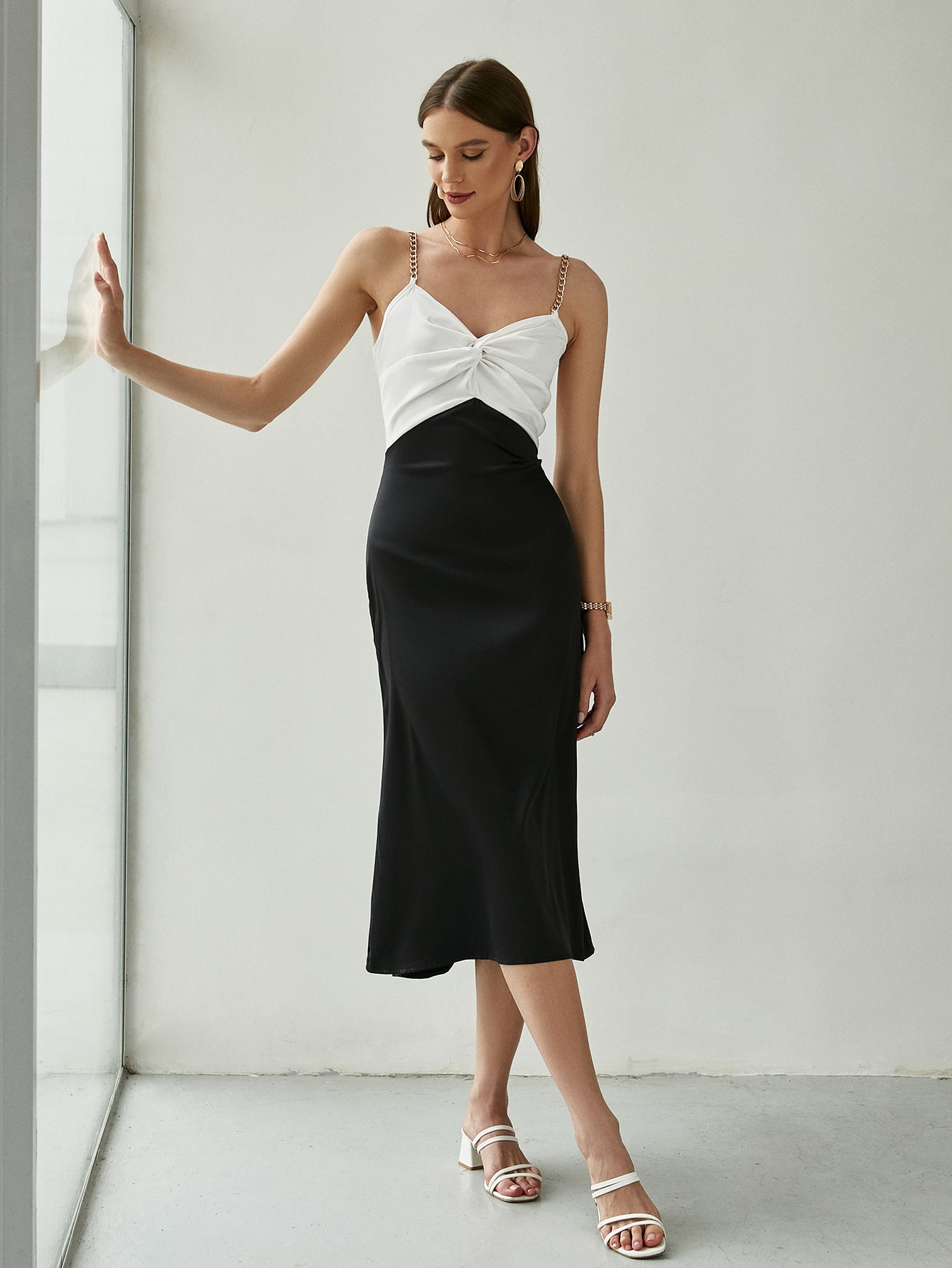 BerryGo Sexy sleeveless V-neck metal chain satin silk party dress women 2022 Summer high waist mini dress Patchwork club dress voguable