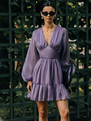 Lichi Dress New Summer Light Ruffled Chiffon Mini Dress V-Neck Premium Dress Airy Puffed Sleeve Flared Hem Party Dresses voguable