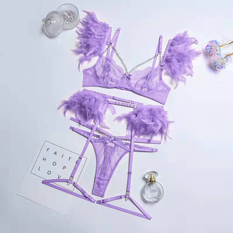 Voguable Feathers Underwear Set See Through Sexy Lingerie Set Woman 3 Pieces Lace Bra Chain Transparent Intimate Erotic Garters voguable