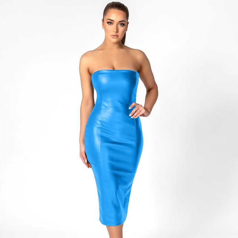 Women Sexy Strapless Tube Top Midi Dress Off Shoulder Bodycon Sexy Party Faux Leather Dress vestidos de mujer party dresses voguable