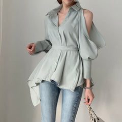 Fashion Hollow Sexy Women Blouse Chic Long Sleeve Irregular Vinatge White Shirt Women Off Shoulder Bandage Lady Top Blusas voguable