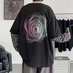 Irregular line Graphic Men's Tshirt Dark Patchwork Long Sleeve Man T-shirts Streetwear Casual Oversize Male Pullovers voguable