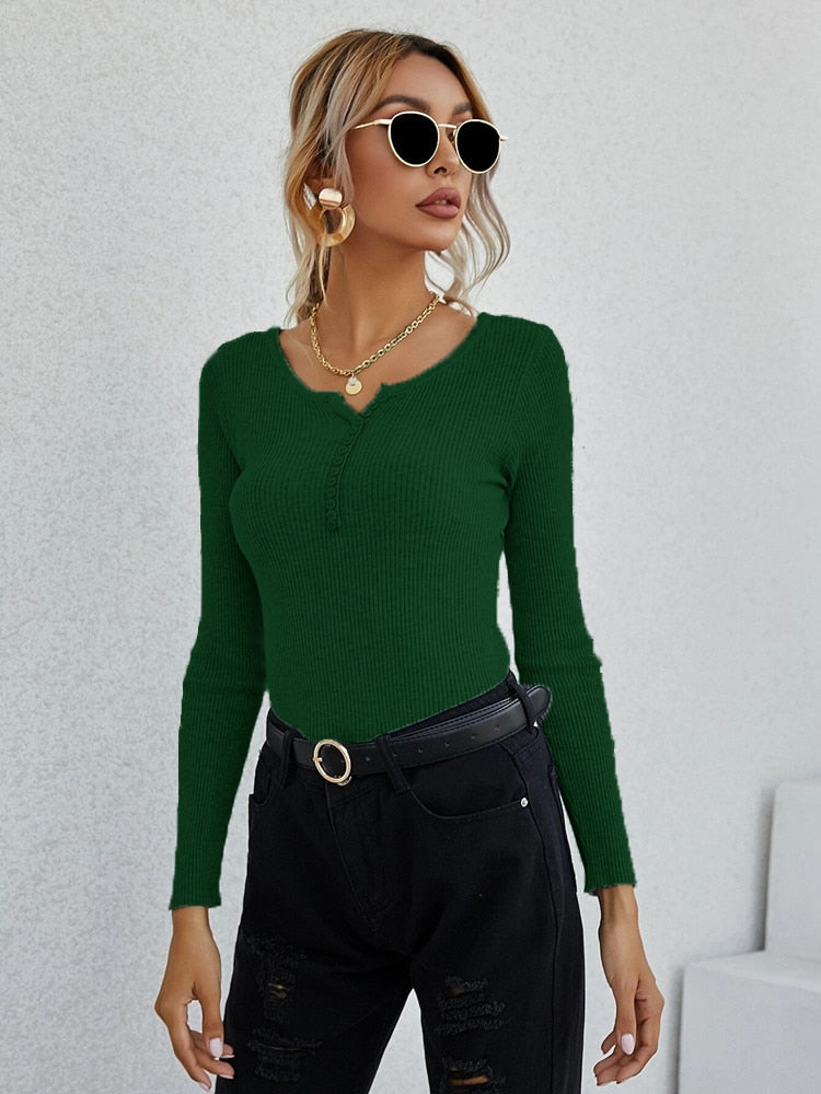 Voguable Summer To Autumn Women Long Sleeve V Neck Button Stretchable Pullover Korean Sweater Femme Jersey Knitted Pull Jumper Clothes voguable