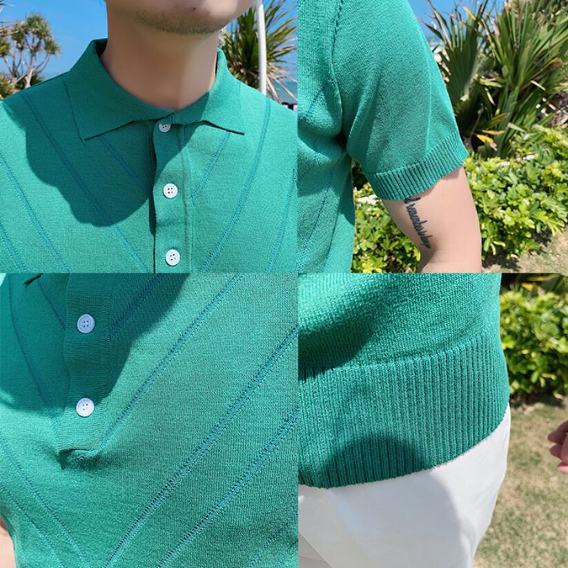 Voguable 2022 New Man Solid Color Stripped Ice silk knitting Polo Shirt Casual  British style Slim Men Short Sleeve High Quantity polo voguable