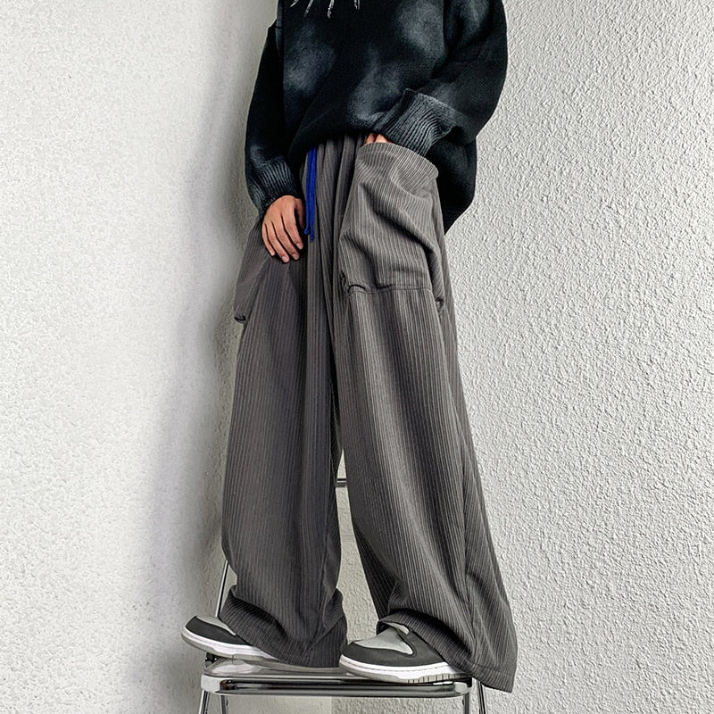 High Street Corduroy Oversized Men's Harem Pants Fashion Design Loose Straight Casual Trousers Drawstring Hip Hop Pants voguable
