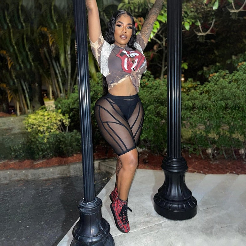 Kliou Mesh See Through Short Pants For Women Sexy Solid Body-shaping Midnight Style Streak Trousers Seductive Female Attirewear voguable
