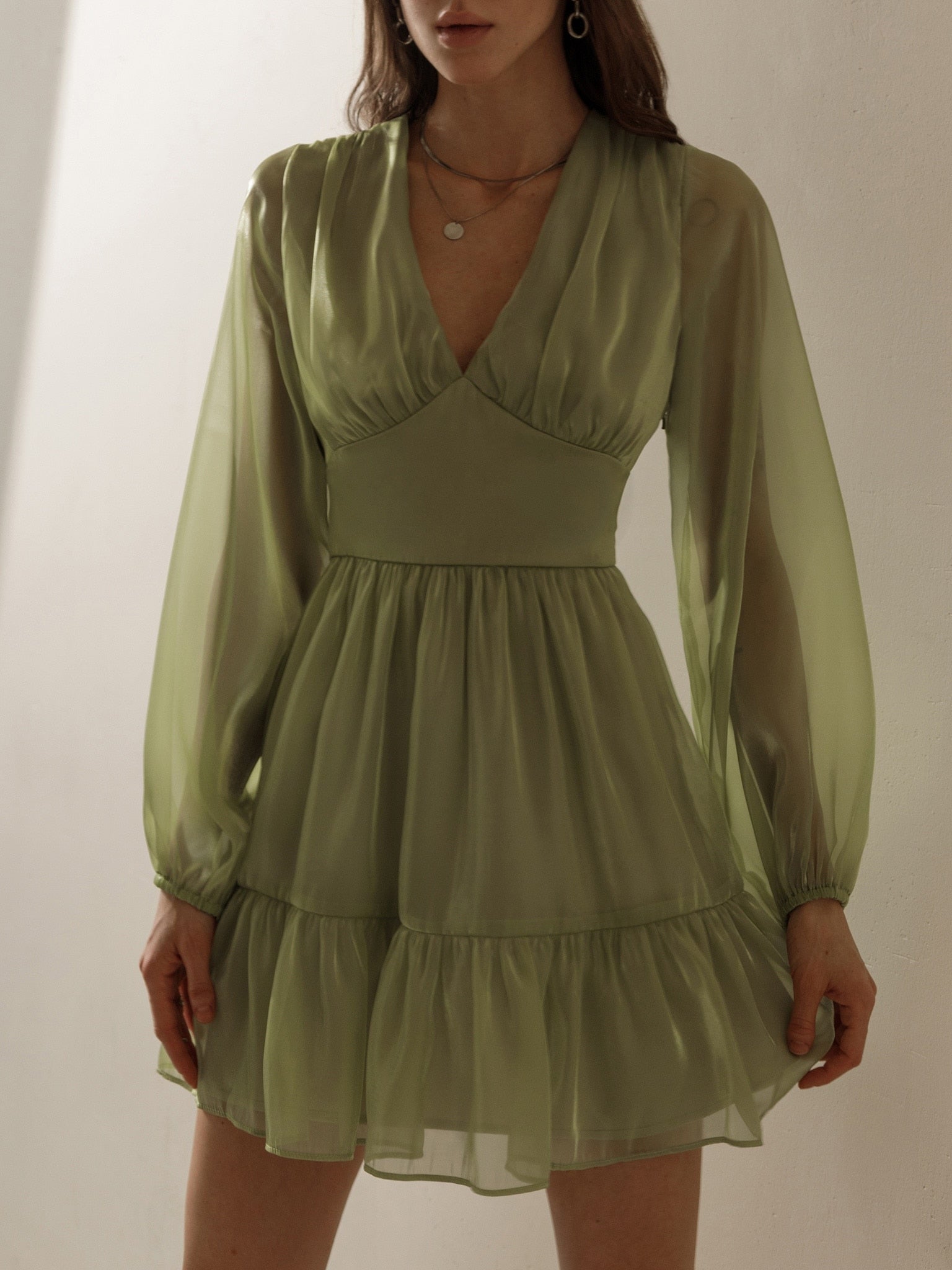 Lichi Dress New Summer Light Ruffled Chiffon Mini Dress V-Neck Premium Dress Airy Puffed Sleeve Flared Hem Party Dresses voguable