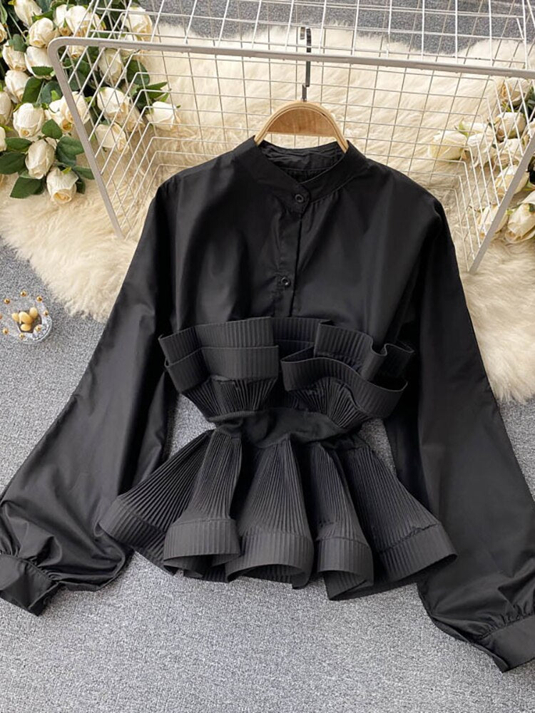 Spring Autumn Women New Draped Ruffle Blouse Vintage Stand Collar Puff Long Sleeve Single Shirt Slim Female Tops voguable