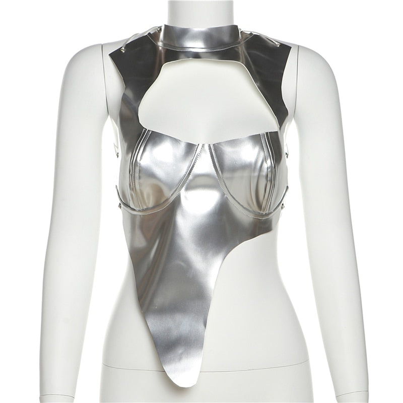 Cut Out Crop Top Asymmetrical  Silver PU Leather Clubbing Strappy Open Back Halter Tight Tank Tops Summer voguable
