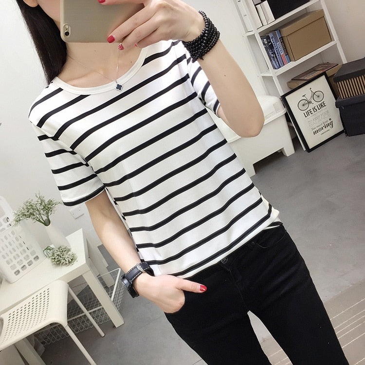 Stripes Womens T-Shirt V Collar T Shirts Skinny Half Sleeve Clothes Women Slim Under Wear Tshirt Casual Top Tees For Female voguable
