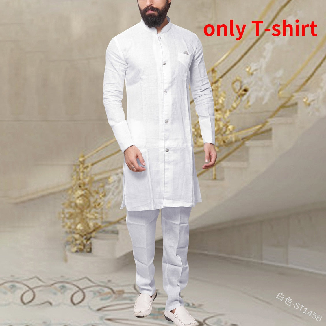 Men Fashion African Clothes Cotton T-shirt Dubai Muslim Long Sleeve Tee Tops Islamic Clothing Set Arabic Casual Blouse Robe Gown voguable