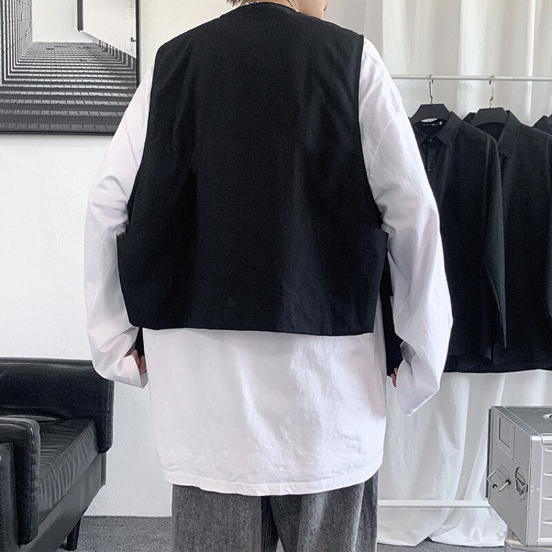 Vests Men Sleeveless Waistcoats Harajuku Techwear Hip-hop Big Pockets V-neck Loose All-match Teenagers Korean Style Jackets Chic voguable