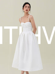 Summer Ladies Korean Black and White Elegant Loose Dresses Pearl Sling Fashion Wedding Party Sexy Ladies Vestidos voguable