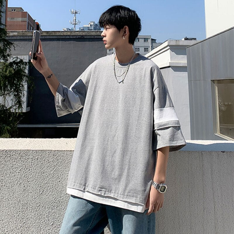 T-shirts Men Clothing Summer Harajuku O-neck Baggy Preppy Vintage Korean Style Trendy Camisetas Handsome Teens Fake Two Piece voguable