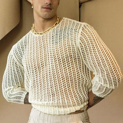 Sexy Men's T-shirt New Special Long Sleeve Bottoming Fashion Woven Solid Color Mesh Knit Hollow Out Round Neck voguable
