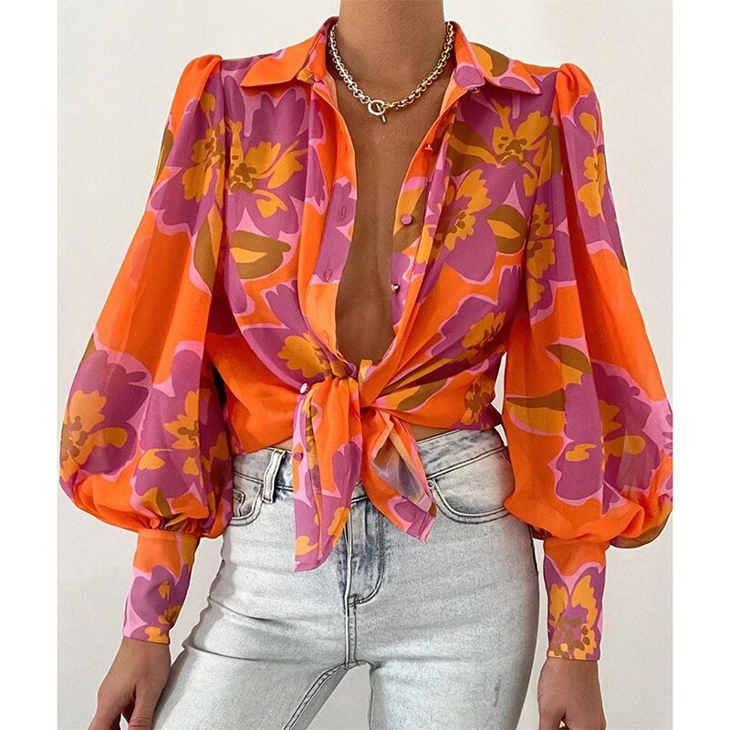 Print Ladies Lantern Sleeve Blouses Fashion Spring Office Lady Vintage Floral Shirt Tops Button Up Long Sleeve Shirts voguable