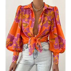 Print Ladies Lantern Sleeve Blouses Fashion Spring Office Lady Vintage Floral Shirt Tops Button Up Long Sleeve Shirts voguable