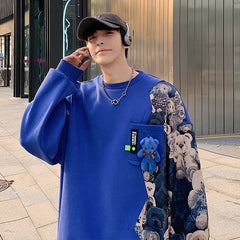 Streetwear Contrast Color Bear Printed Men Sweatshirts Harajuku Oversized Autumn Male Pullovers Patchwork O Neck Hoodies voguable