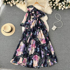 Spring Printed Casual Long Dress for Women One Shoulder Draped Boho Female Vestidos Chic Luxury Beach Vacation Sexy Tierred New voguable