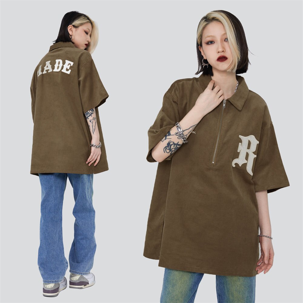 Voguable Men T-shirt Corduroy Turn-down Collar Cotton Polo Tops Harajuku Streetwear Casual 2022 Summer Short Sleeve Oversized Men's Shirt voguable